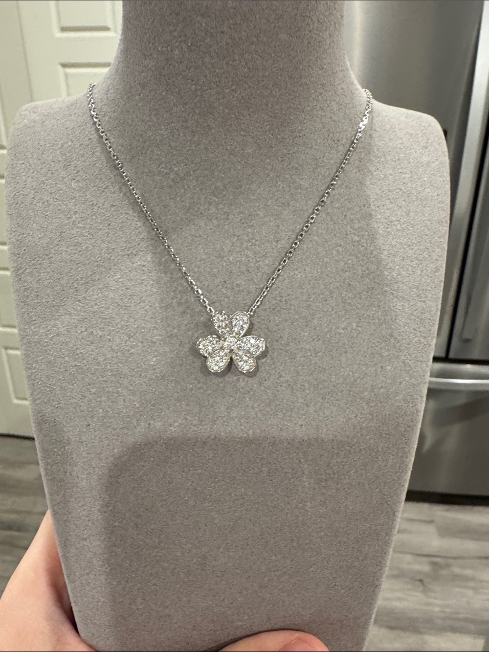 Sparkling CZ Five Petal Flower Pendant Necklace Silver Tone